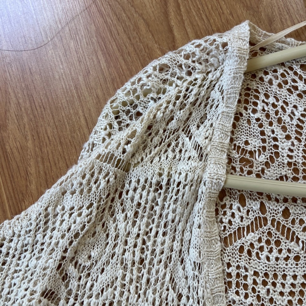Crochet Pointelle Longline Cardigan Womens Large Cream Ivory Festival Boho Soft - Picture 13 of 14